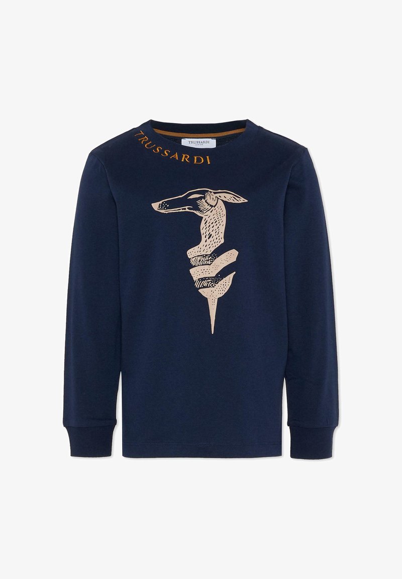 Donkerblauwe longsleeve t-shirt van katoen met een beige grafisch ontwerp van een gestileerde hond, verweven met een geometrische vorm. "TRUSSARDI" gedrukt langs de halslijn.