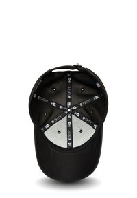 Black cap with a curved brim, featuring a gray interior and black sweatband. Displays '9FORTY' branding inside and ventilation holes.