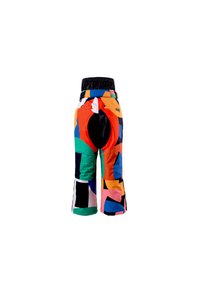 Pantaloni colorati e multicolori caratterizzati da una combinazione di arancione, verde, blu e nero. Vita elasticizzata con tasche posteriori e design a gamba larga.
