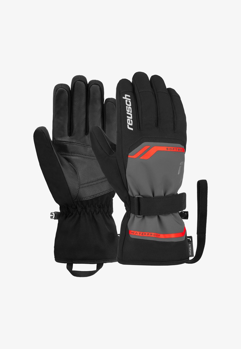 Guanti impermeabili Reusch con palmo in pelle nera, corpo in tessuto grigio e nero, dettagli rossi, polsino elastico e cinturino regolabile per il polso.