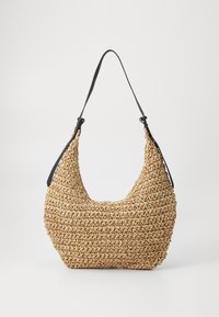 Kudottu olkisäilytysbeige väri, jossa on kaareva muoto, litteä musta hihna ja teksturoitu pinta, jossa on yksityiskohtainen korethanata.