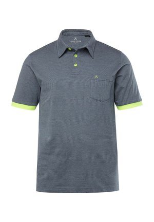 Pánská polo košile v tmavě šedé barvě s vodorovnými pruhy. Obsahuje kapsu, zelené detaily na límci a rukávech, a tříknoflíkovou légu.