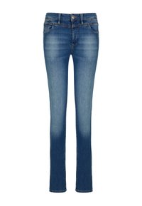 Slim-Fit Jeans aus blauem Denim mit klassischem Fünf-Taschen-Design. Leichte Abnutzungsspuren an den Oberschenkeln, Knopfverschluss und kontrastierende Nähte.