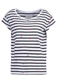 Koszulka T-shirt z krótkim rękawem w białe, czarne i czerwone paski. Charakteryzuje się poziomymi czarno-białymi paskami z małymi wzorami czerwonych kotwic.