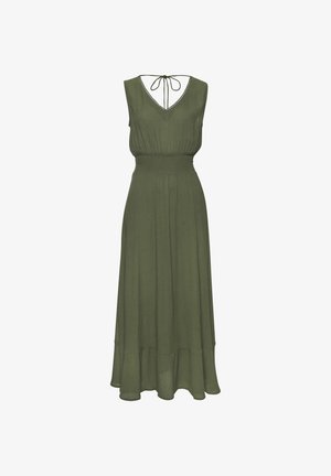 Abito lungo in verde oliva, realizzato in tessuto leggero, con scollatura a V, vita arricciata e gonna fluida. Presenta un dettaglio con laccetto sul retro.