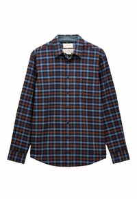 Brūna un zila rūtainā krekla ar garām piedurknēm, pogām pie apakšmalas, krūšu kabatu un izliekta apakšmalu. Izgatavots no mīksta auduma.