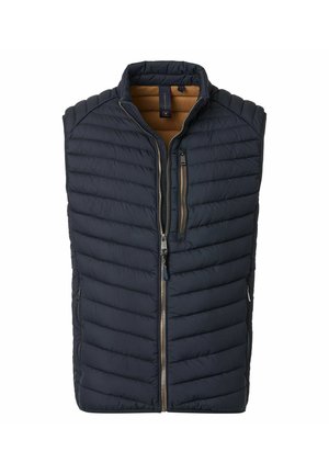 Navy quilted vest with a high collar, zip front, and two side pockets. Features horizontal stitching and a soft interior lining.