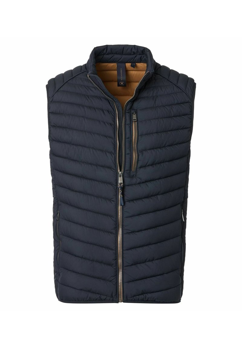 Navy quilted vest with a high collar, zip front, and two side pockets. Features horizontal stitching and a soft interior lining.