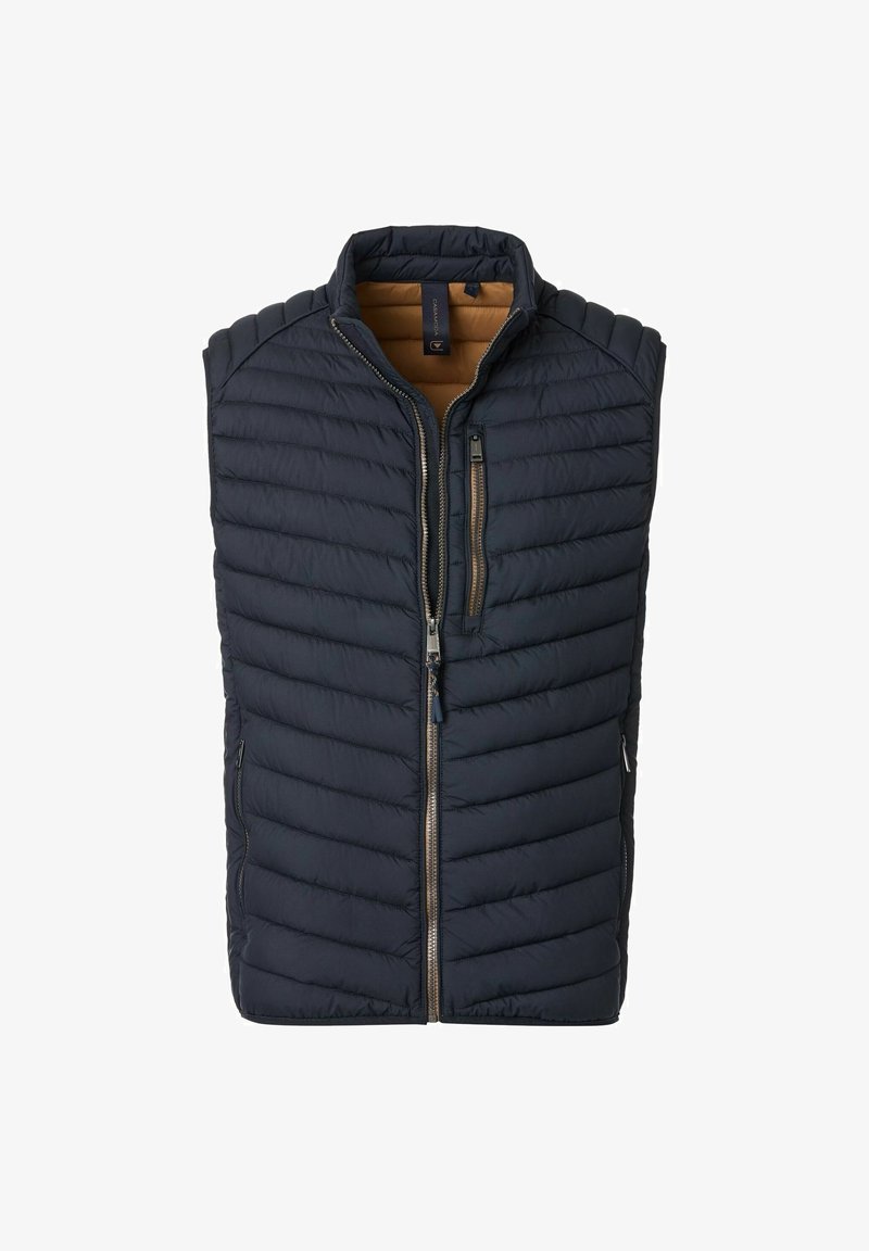 Marineblau gesteppte Weste mit hohem Kragen, Reißverschluss vorne und zwei Seitentaschen. Merkmale sind horizontale Nähte und ein weiches Innenfutter.