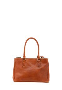 Borsa a mano in pelle marrone con due manici, chiusura con zip e forma rettangolare. Texture liscia e design minimalista, con cuciture a contrasto.
