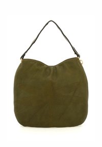 Borsa a spalla in pelle verde oliva con cima arcuata, caratterizzata da un design a basse rilievo di una libellula sul davanti e da una tracolla sottile e regolabile.