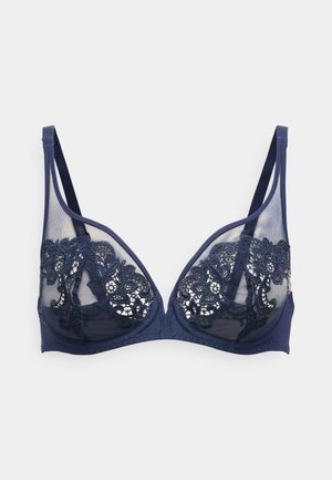 Marineblauwe beha met doorschijnende kanten cups, bloemenpatronen en verstelbare bandjes. Zijden van gladde stof voor comfort en ondersteuning.