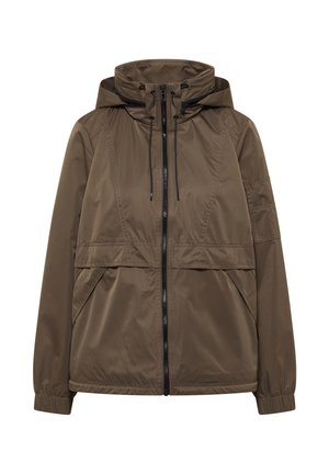 Veste coupe-vent marron à capuche avec fermeture éclair frontale, cordon de serrage à la capuche, poignets élastiques et poches latérales inclinées.