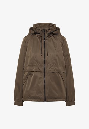 Brązowa kurtka wiatrówka z kapturem, przednim zamkiem błyskawicznym, kapturkiem ze sznurkiem, elastycznymi mankietami i skośnymi bocznymi kieszeniami.