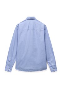 Long-sleeve button-up shirt in light blue with subtle vertical stripes, featuring a spread collar and rounded hem, crafted from cotton.