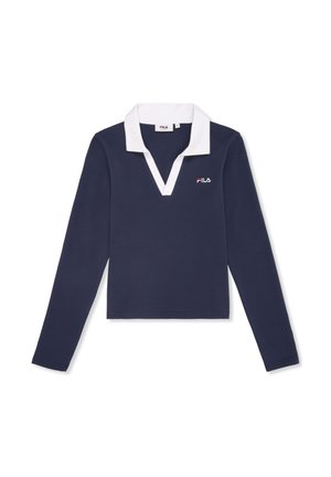 Marineblauw polo shirt met lange mouwen, een witte kraag en een V-hals. Voorzien van een klein Fila-logo op de borst. Gemaakt van een gladde stof.