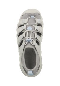 Scarpe sportive in tessuto grigio con tomaia in rete, cinturini elastici, dettagli azzurri e suola in gomma modellata. Presentano una soletta testurizzata.