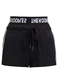 Pantaloni sportivi neri con strisce bianche sui lati, vita regolabile con cordino e vita elastica con testo bianco in negativo.