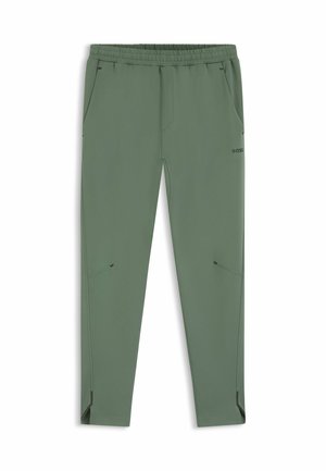 Green athletic pants with an elastic waistband, side pockets, and black accent details. Made from a smooth, lightweight fabric.