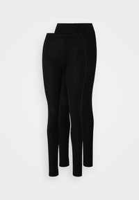 Deux paires de leggings noirs, l'une plus haute que l'autre, texture lisse, taille élastique, design ajusté, sans motifs ni accents visibles.