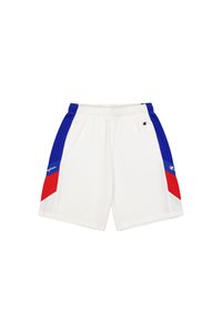 Weiße Sportshorts mit blauen und roten Seiteneinsätzen, elastischem Bund und einem kleinen Logo auf der linken Vorderseite. Weiches, leichtes Material.