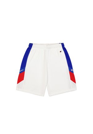 Weiße Sportshorts mit blauen und roten Seiteneinsätzen, elastischem Bund und einem kleinen Logo auf der linken Vorderseite. Weiches, leichtes Material.