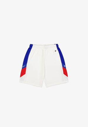 Weiße Sportshorts mit blauen und roten Seiteneinsätzen, elastischem Bund und einem kleinen Logo auf der linken Vorderseite. Weiches, leichtes Material.