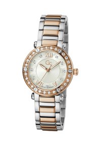 Reloj de plata y oro rosa con una esfera redonda de nácar. Presenta números romanos, acentos de cristal y una pulsera de metal bicolor.