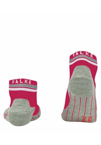 Skarpetki marki FALKE w różowej górnej części z szarymi akcentami, pionowymi liniami, wyściełanym piętą oraz ściągaczem dla pewnego trzymania.
