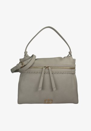 Harmaa nahkainen käsilaukku, jossa on yläkahva ja säädettävä olkahihna. Laukussa on vetoketjukiinnitys, aaltoileva yksityiskohta ja kultasävyiset varusteet.