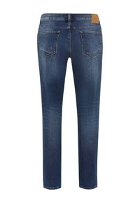 Dunkelblaue Jeans aus Denim mit Slim-Fit, mittelhoher Taille, zwei Gesäßtaschen und einem Lederpatch am Bund.