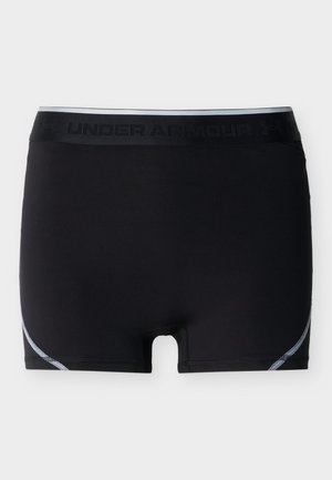 Μαύρα ανδρικά συμπιεστικά σορτς Under Armour με επωνυμοθετημένη μέση και λευκές ραφές κοντά στα ανοίγματα των ποδιών.