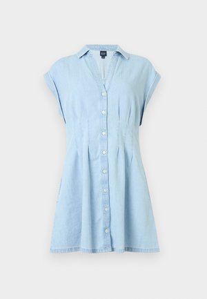 Hele sinine lühikeste varrukatega teksakleit eest nööbitav, kraega ja veidi laluvalt hõlmiku seelikuga.