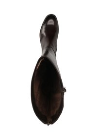 Höhe, dunkelbrauner Lederstiefel von oben betrachtet, mit abgerundeter Spitze, glatter Oberfläche und offenem Schaft, der das sichtbare Innenfutter zeigt.