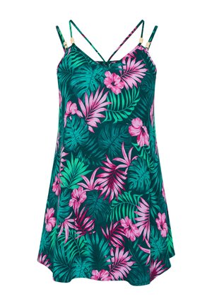 Groene slipjurk met roze tropische bloemen- en bladprint, dunne dubbele schouderbandjes met houten kraaldetails.