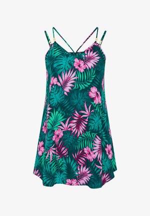 Groene slipjurk met roze tropische bloemen- en bladprint, dunne dubbele schouderbandjes met houten kraaldetails.