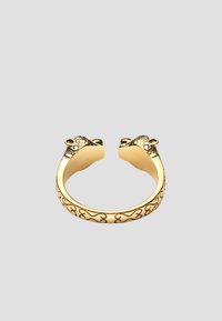 Guldtonet armbånd med løvehovedender. Har indviklede svungne mønstre langs båndet, glat inderside og åben design.