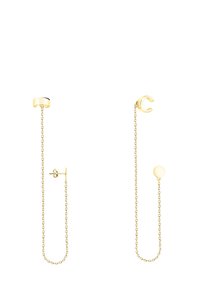 Orecchini in tono oro con un perno arrotondato e una catena pendente con un accento circolare, che mostrano un design minimalista con finiture lisce.