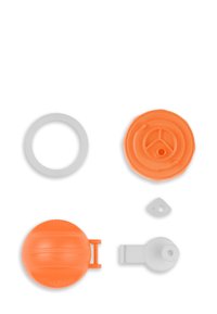 Orange plastic ball, white ring, and elements with textured surfaces. Notable features include a closure mechanism and triangular details.