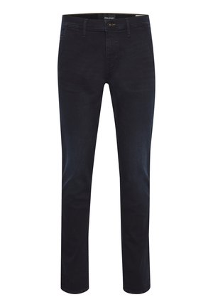 Dark blue denim jeans with a slim fit, five-pocket design, and a zip fly. Material has a smooth texture with minimal fading.