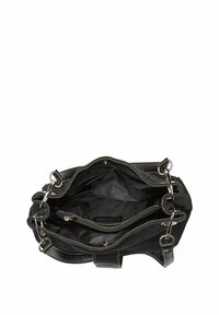 Borsa a tracolla nera in suede con hardware argentato, diversi scomparti e una texture morbida. Presenta una tasca con zip e foderatura in tessuto.