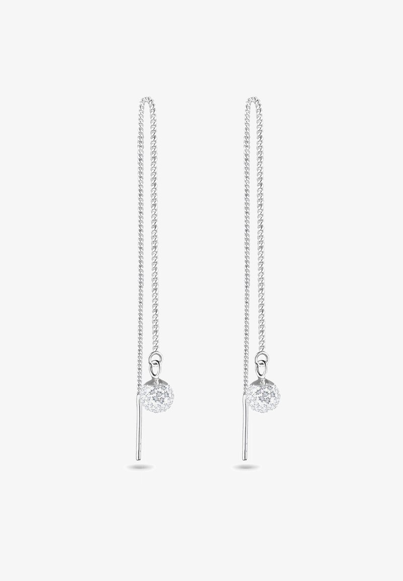 Boucles d'oreilles délicates en argent avec chaînes fines et petits pendentifs ronds incrustés de pierres claires et scintillantes.