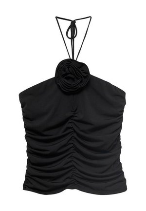 Čierny halter top s nastaviteľnými ramienkami, riaseným dizajnom látky a akcentom v tvare ruže na výstrihu. Hladká textúra.