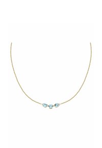 Collana in oro con tre gemme ovali di un blu chiaro inserite in prong decorativi. La catena presenta un design delicato e testurizzato.