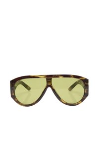 Lunettes de soleil oversize écaille de tortue marron avec verres teintés jaunes et branches larges, vues de face sur fond blanc.