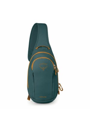 Petit sac à dos bandoulière turquoise avec des fermetures éclair couleur camel, une sangle d'épaule rembourrée unique, et le logo Osprey sur la poche avant.