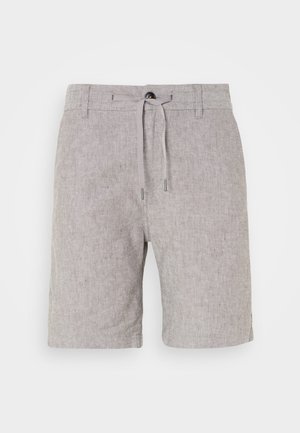 Light gray linen shorts with a drawstring waist, straight cut, and subtle texture. Features a single button closure and rolled hems.