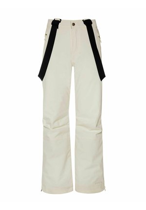Witte snowpants met zwarte verstelbare bretels, zijzakken en ritsen bij de enkels voor ventilatie. Glad materiaal en een losse pasvorm.