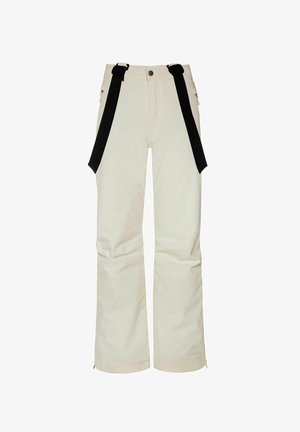 Pantalones de nieve blancos con tirantes ajustables negros, bolsillos laterales y cremalleras en los tobillos para ventilación. Textura suave y corte holgado.