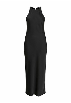 Vestido maxi negro sin mangas con cuello alto, hecho de una tela suave, presenta una silueta ajustada y un discreto cierre de cremallera en la parte posterior.